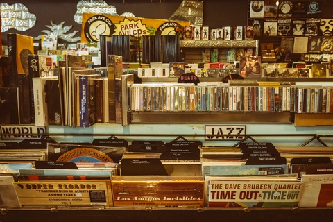 Photo of a display in a record store.